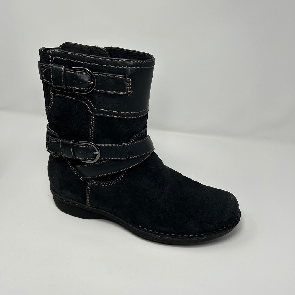 Clarks Artisan Black Suede Leather Moto Boots Buckle MidCalf Side Zip Womens 7.5 - Picture 6 of 14